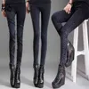 Spring Plus Side Side Stripe Rivet Pure Black Full Length Tight Pencil Women's Velvet Tjocka Stretch Feet Jeans Kvinna 210708