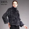 Kadınlar Hakiki Tavşan Kürk Mont Katı Kadın Standı Yaka Rex Tavşan Kürk Kış Moda Gerçek Kürk Palto Ceketler 13 Renkler 210816
