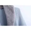 Fashion Fur Collar Women Coats Autumn Patchwork Ladies Knitwears Blue Casual Female Sweaters Bow Sashes Girls Chic 210527