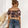 Summer Women Lantern Short Sleeve Floral Print T-shirt Slash Neck Crop Top Ladies Strapless Backless Drawstring Skinny Tops 210608