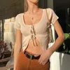 Kvinnor T-shirt Sexig Beskuren Top Lace Up Kortärmad Hollow Out Front Split O-Neck Slim Lady Fashion Summer New Solid Streetwear 210422