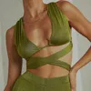 Two Piece Set Women Sexy Bandage Cut Out Bodycon Corset Top High Waist Solid Green Skinny Flare Pants Summer Streetwear 210517