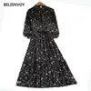 Primavera Verano vestido Vintage Floral impreso mujer manga larga arco gasa es A-line Vestidos femeninos 210520