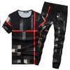 Ice Silk Sets Mens Large Size Short T-shirt Plaid Half Sleeve Summer Thin Fashion Exercise Casual Pants Two-Piece Set