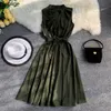 Neploe Women Dress Ruffles Irregular Slahes Korean Summer Dresses Sleeveless V-Neck Vestido Solid Knee-Length Robe 95267 210422