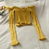 Женские свитера Женские нерегулярные выключаемые вязаные вязаные бретелек с длинным рукавом Слитный короткий трикотаж осенний корейский свитер