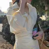 Korejpaa Women Dress Korean Fashion Elegant Lapel Cross-tie Waist Single Breasted Long-sleeved Open-cut Long Shirt Dresses 210526