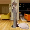 SIDA SLIT SEXY SMERAMAIT PROM Dresses 2024 Sparkly Crystal Beaded High Neck Long Sleeve aftonklänningar Kvinnor Arabiska speciella tillfällen Klänning formellt slitage