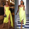 Simple Sheath Yellow Evening Dresses Long Prom Gowns Side Slit Pleat Chiffon Women Evening Dresses309k