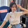 Lucyever Sweetかわいい印刷チェリーTシャツの女性夏のファッションボタンターンダウンコラ女性トップス韓国のカジュアルシャツ女性210521