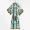 Boho Printed Bikini Cover-ups Vintage Self Belted Long Kimono Dress Cotton Tunic Women Beach Wear Swim Suit Cover Up A154 210420