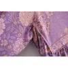 Bohemia Bandage Lacing up Collar Lavender Floral Print Dress Ethnic Woman Hit Color Long Sleeve Maxi Holiday Dresses 210429