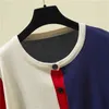 Mode Color Contrast Cardigan O-nacke kortärmad tröja bottenskjorta Kvinnors lösa tunna pullover sommarstil 210507