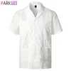 White Cuban Camp Guayabera Shirt Men Stylish Embroidered Woven Button-Down Shirts Mens Mexican Caribbean Style Beach 2XL 210721