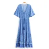 Teelynn Maxi Jurken voor Dames Rayon Blue Floral Print Sexy Deep V-NCEK Boho Zomerjurken Losse Hippie Lange Drvestidos X0621