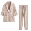 Pink Khaki Turn Down Collar Notch Blazer Elastic Waist Pants Women Two Pieces Set T0180 210514