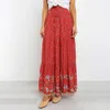 Gonne lunghe a vita alta Womens Boho A-line Gonna a ruota Stampa floreale Coulisse Abiti lunghi con lacci Bianco Estate Rosso Bohemian 210619