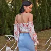 Femmes Tops Dos Nu Imprimé Floral Tube Top Champignon Manches Évasées Sans Bretelles Casual Top Un Mot Épaule Court Top Été 210712