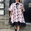 Vrouwen jurk ruches flare mouw dot jurken plus size vintage sexy roze lange zomer kleding mode 210524