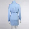 Colysmo Robe à capuche Femmes Turtleneck Bleu Manches longues Sexy Taille haute Tie Up Mini Robes Automne Fashion Party Casual Robe 210527
