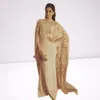 abulous Lace Stretch Satin High Collar Saudi Arabia Style Evening Dresses with Long Wrap Champagne Prom Gowns vestidos