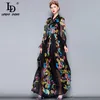 Ld Linda Della Runway Maxi Sukienka plus size damskie klear z długim rękawem Vintage kwiatowy druk szyfonowy wakacyjny sukienka 210319