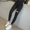 Mozulewa Sexy Wysoka talia Tassel Ripped Holes Denim Spodnie Spodnie Kobiet Spodnie Ołówek Jean Skinny Black 210809