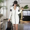 Casual Women Sweater Dress Color Match Patchwork Stand Collar Long Sleeve Zipper Stretch Knitted Autumn Winter Dresses 210603