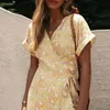 Floral print women summer dress Sexy v-neck beach wrap ruffled sash maxi long casual holiday yellow boho 210427