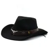 Stingy Brav Hats Vrouwen Mannen Hollow Western Cowboy Hat met Tauren Belt Winter Herfst Jazz Outback Toca Sombrero Cap Maat 56-58 CM
