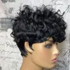 Short Loose Curly Human Hair Wigs Natural Black Color Brazilian Remy Full None Lace Front Wig With Bangs For Women