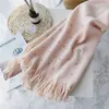 Luna&Dolphin Women Winter Scaves Warm Knitted White Pearl Nail Bead Soft Scarves Tassel Woolen Big Tippet Pashmina Blanket Shawl 220114