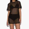 Kvinnor Mesh Bikini Cover Up Kortärmad Transparent O-Neck Baddräkt Cove-Ups Sommar Kvinna Sexig Beach Dress Sarongs