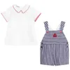 Meninos espanhol boutique vestuário conjunto menino roupas de verão terno camisa de algodão infantil + calça suspensora bebê festa de aniversário # 210326
