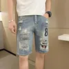 Jeans pour hommes Ripped Thin Wide-leg Straight Shorts Oversize Trendy Brand Hiphop Imprimé Lettres Loose Denim 5-quart Pantalon Streetwear