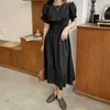 Summer Dresses Gentle Retro Solid O-Neck Elegant Vintage Party Sweet Office Lady Pleated Loose Women Chic Long 210525