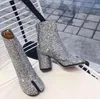 デザイン足袋ブーツ分割つま先分厚いハイヒールの女性のブーツ革 Zapatos Mujer ファッション秋の女性の靴 Bota Ş Mujer1