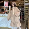Sıcak Yün Ceket Vinter Tatlı Yay Patchwork Grubu Uzun Kadın Rahat Düğme Japon Kawaii Kalın S 210510