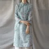 Johnature vår sommar mode blommig utskrift stativ tallrik spänne cheongsam klänning lös fritid långärmad kvinna klänningar 210521