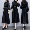 Printemps noir Vintage mode femmes longues robes lanterne manches col montant ceinturé robe de fractionnement coréen élégant Vestidos 210513