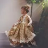 Gold Cekinowy Kwiat Dziewczyna Suknie Z Koronkowymi Aplikacje Illusion Długie Rękawy Dziewczyny Korowód Dress Dzieci Urodziny Suknie do fotografii Strzelać Wysokowy