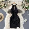 NEPLOE MESH SQUIND PATCHWORK RUFFLES PARTY JURK Dames Hoge Taille Heup Bodycon Vestidos Pullover Korte Mouw Solid Robe zomer 210423