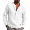 T-shirt da uomo 2021 T-shirt a maniche lunghe da uomo T-shirt in lino con bottoni Top Camicia con scollo a V allentata estiva Moda T-shirt da uomo casual