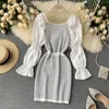 Women French-Style Retro Dress Square Collar Puff Sleeve Patchwork Plaid Slim-Fit Sexy Tube Vestidos Young A- Line GK460 210507