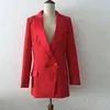 High Street Стильный классический дизайнер Blazer женский зарезанный атласный воротник красный длинный куртка 210521