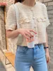 Korejpaaの女性のジャケット夏の韓国シックな女性フレンチレトロなラウンドネックの生エッジデザイン緩いポケットツイードショートジャケット211014
