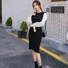 Ankomst Kvinnor Stickad Patchwork Koreansk Klänning Skjorta Ärm O-Neck Sweater Pencil Dresses Fashion Vintage Elegant Vestido 210518