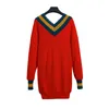 PERHAPS U Women V Neck Knitted Pullovers Long Sleeve Knee Length Red Loose Straight Winter Dress M0771 210529