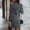 Automne col roulé imprimé léopard robe portefeuille pour femmes hiver décontracté longue robe à manches bouffantes ceintures élégantes mini robes de soirée Y0603