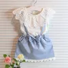 Meisje kant bowknot beugels denims suits zomer chiffon kant katoen mouwloze t-shirt korte rok jurk pak baby kleding groothandel 739 v2